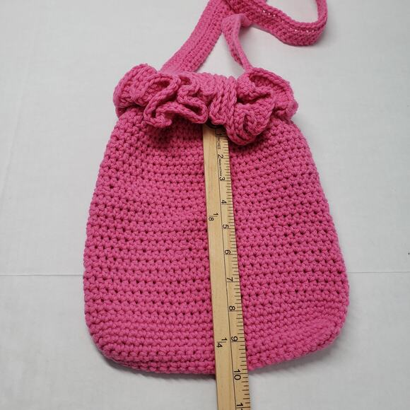 Crochet Shoulder Bag Pink Medium Purse Handmade Ruffle Dollcore Coquette Spring - Picture 6 of 12